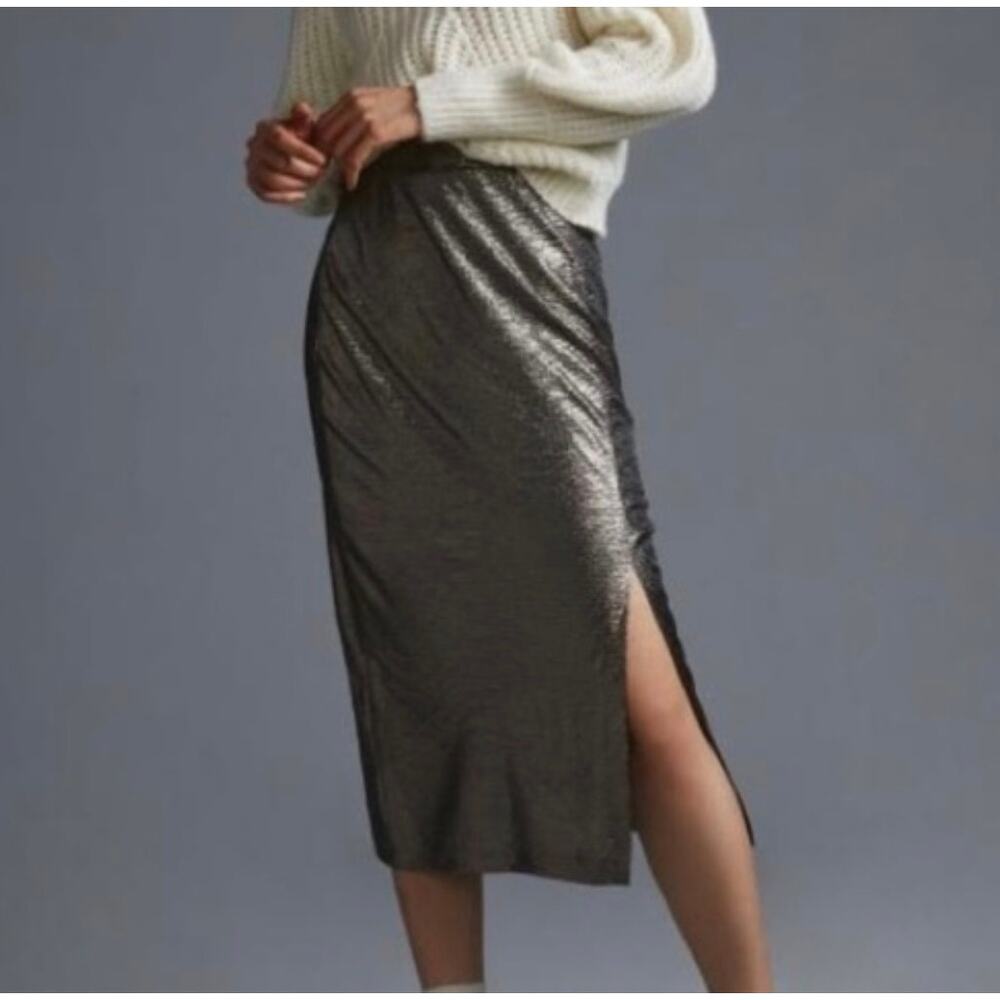 Anthropologie Hutch Textured Metallic Midi Shirt Women’s S Gold Party Slit NEW